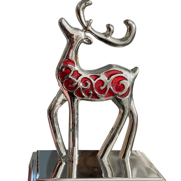 Metal Reindeer Stocking Hanger Holder Silver Red Enamel Vintage Mantel Hook READ - Picture 11 of 16